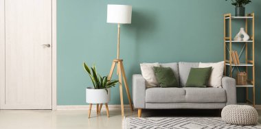 Gri kanepesi, raf ünitesi ve zemin lambası olan şık bir oturma odası.