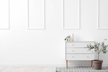 Beyaz duvarın yanında saksısı ve vazosu olan bir dolap.