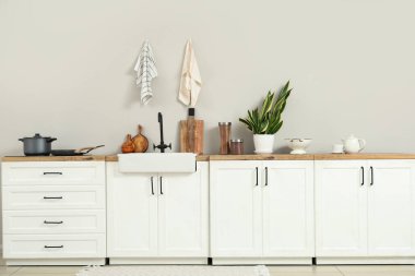 Interior of light kitchen with white counters, houseplant and utensils
