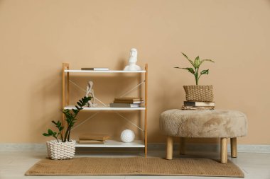 Pouf ve raf ünitesi. Odanın içinde bej duvarın yanında eski kitaplar var.