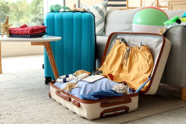 Erkek mayosu, pasaport ve plaj aksesuarlarıyla dolu bavulu kanepenin yanında aç.