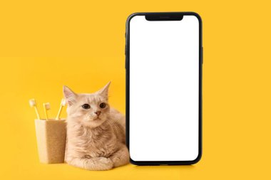 Arka planda diş fırçası olan sevimli bir kedi.