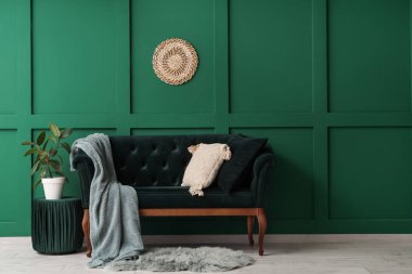 Yastıklı battaniye yeşil duvarın yanındaki şık koltukta.