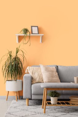 Oturma odasının iç tarafında rahat bir kanepe, bank ve çiçekler var.