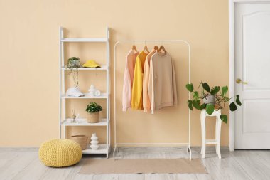 Giysi askısı ve raf ünitesi olan soyunma odasının içinde.