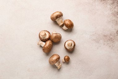 Beyaz grunge arka planda çiğ şampiyon mantarları, yakın plan