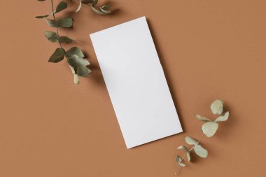 Kahverengi zemin üzerinde kurumuş dallar ve boş kartla kompozisyon