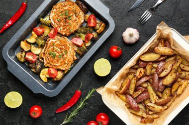 Lezzetli fırında patates, lahana bifteği, brokoli ve grunge siyah arka planda patlıcan.