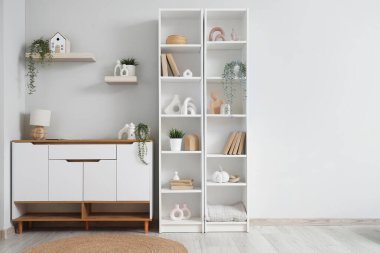 Kitap rafı, klozeti ve bitkileri olan ışık odasının içi