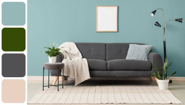 Kanepesi, masası ve lambası olan şık bir oturma odası. Farklı renk desenleri 