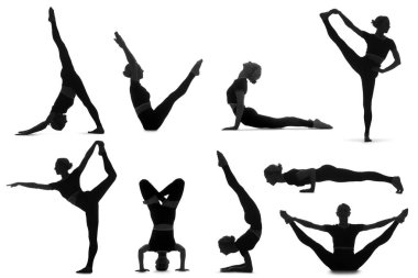 Beyaz arka planda yoga yapan bir sürü genç kadın silueti.