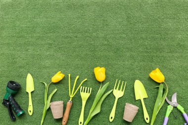 Bahçe malzemeleri ve yeşil çimen arka planında lale çiçekleri. Üst görünüm