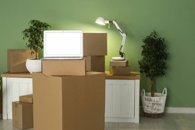 Boş dizüstü bilgisayar, taşınan kutular, bitkiler ve yeşil duvarın yanında parlayan lamba.