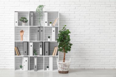 Ofiste beyaz tuğla duvarın yanında doküman klasörleri ve bitkilerle raf ünitesi