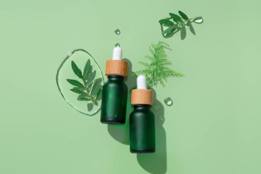 Renk arkaplanına gerekli yağ, bitki yaprakları ve su damlaları içeren bileşim