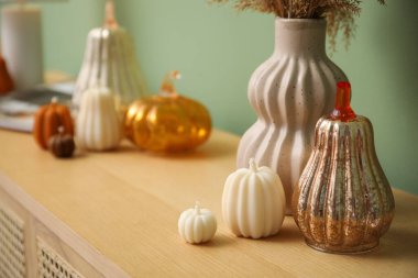 Balkabağı şeklinde mumlar, yeşil duvarın yakınındaki çekmecelerde otlar ve cam balkabağı olan vazolar. Yakın çekim.