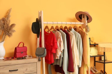 Şık kadın kıyafetleri, aksesuarlar ve renkli duvarların yanında ayakkabılar.