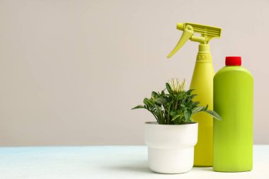 Işık arka planında bir şişe bitki gübresi ve sprey.