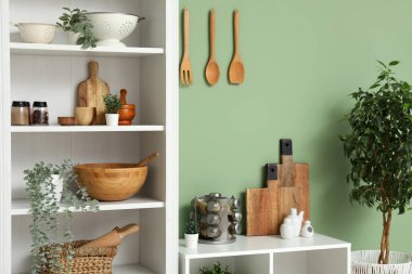 Mutfakta yeşil duvarın yanında bulaşık ve bitki bulunan modern raf ünitesi.