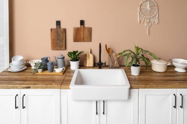 Mutfakta bej duvarın yanında lavabosu, bitkileri ve temiz tabakları olan beyaz tezgahlar.