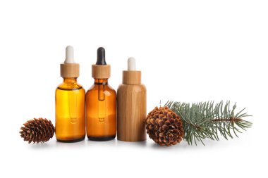 Beyaz zemin üzerinde çam kozalakları ve köknar dalı olan gerekli yağ şişeleri