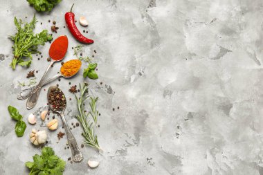 Gri grunge arka planda farklı otlar, kaşıklar ve baharatlar içeren kompozisyon