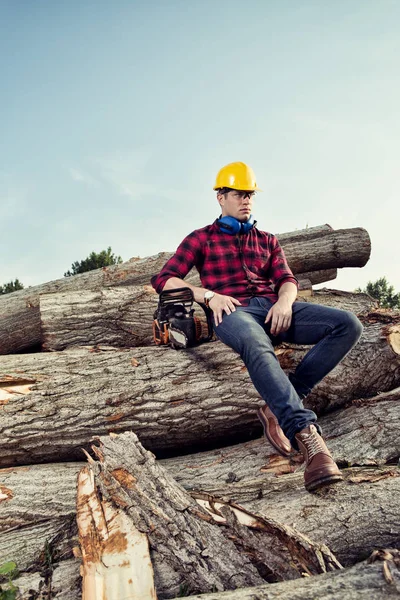 Lumberjack worker sitting in the forest