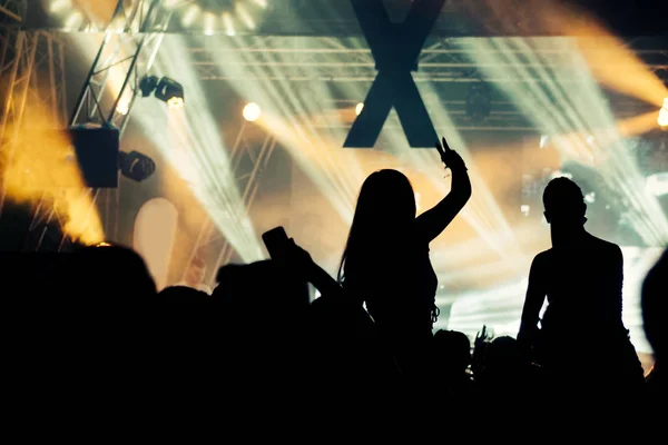 Silhouettes of concert crowd in front of bright stage lights