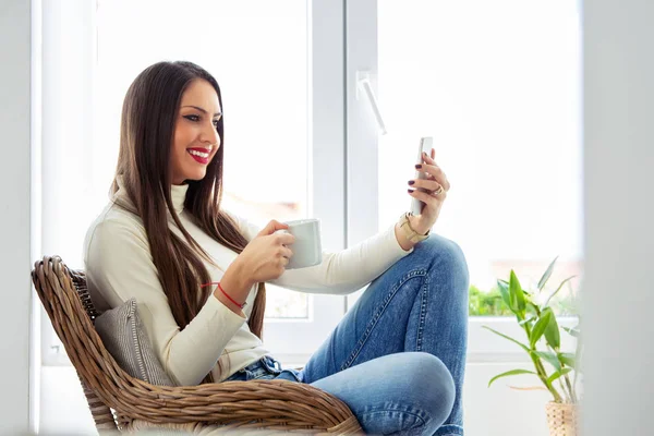 Attractive Female Student Taking Selfie Cup Coffee Her Hand — Stock Photo, Image