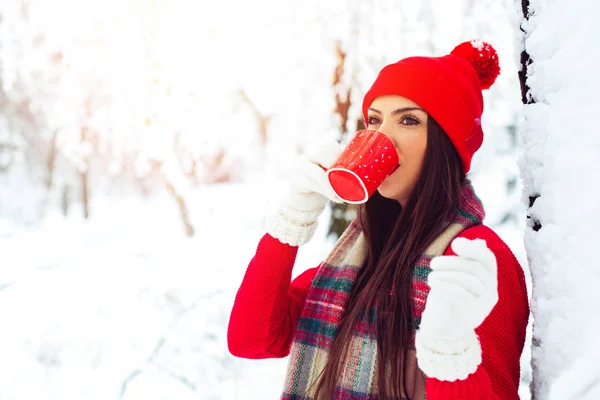 Young Woman Knitted Shape Drinking Tea Forest Snowfall — Stock Photo, Image