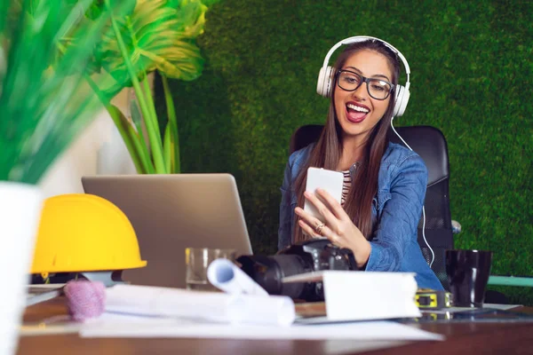 Young Architect Having Video Call Her Headphones — Stock Photo, Image