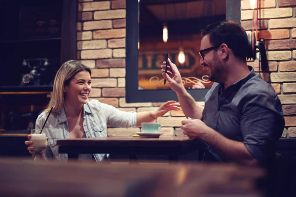 Loving Couple Sitting Cafe Enjoying Coffee Conversation — Stock Photo, Image