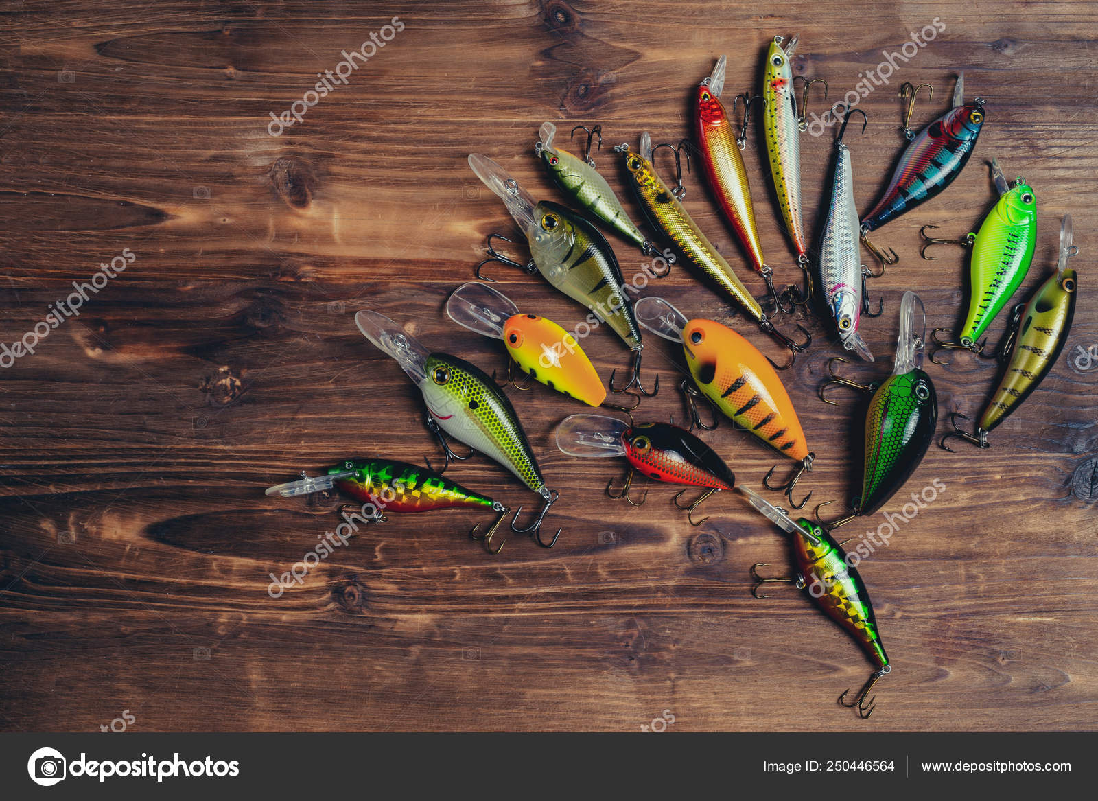 Fishing Lures Wooden Background — Stock Photo © zorandim #250446564