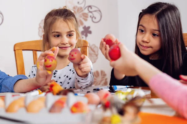 Little Girls Paints Egg Easter Day — Stock Photo, Image