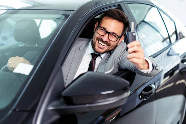 Salesperson Work Customer Car Dealership Giving Keys New Car Owner — Stock Photo, Image