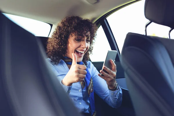 Beautiful Young Woman Smile Use Mobile Phone Car While Travel — Stock Photo, Image