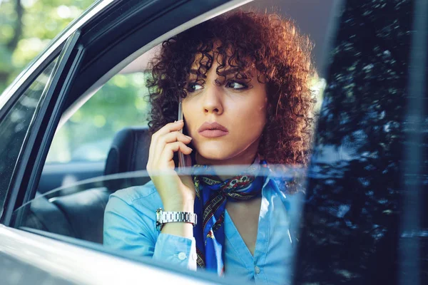 Businesswoman Using Smart Phone Car — Stock Photo, Image