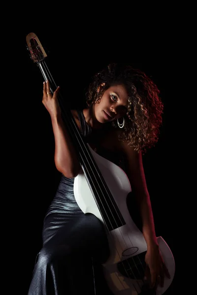 Sensual Musician African Girl Playing Double Bass — Stock Photo, Image