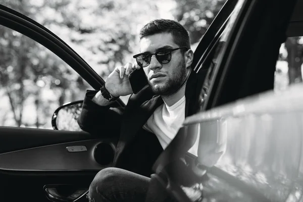 Handsome Man Sitting Limousine Talking Cellphone — Stock Photo, Image