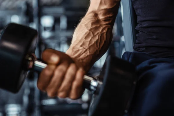 Hand Holding Dumbbell Close Muscular Arm Gym — Stock Photo, Image