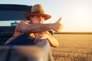 Çiftçi kamyonun arkasında oturuyor..