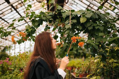 Elinde sihirli değnekle genç büyücüler okulundan bir kız. Bir büyücü seradaki bitkiler arasında hokkabazlık yapar, botanik dersi ise kostümdür..