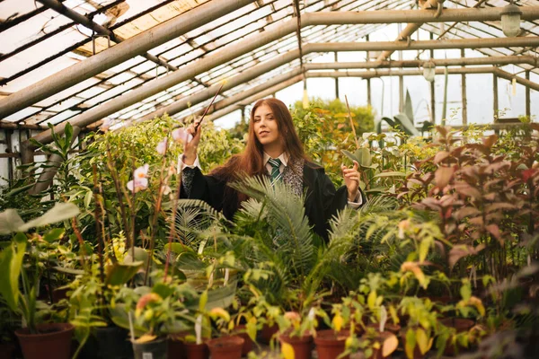 A girl from the school of young wizards with a magic wand in his hand. Green magic. A sorceress conjures among plants in a greenhouse, a botany lesson is cosplay.