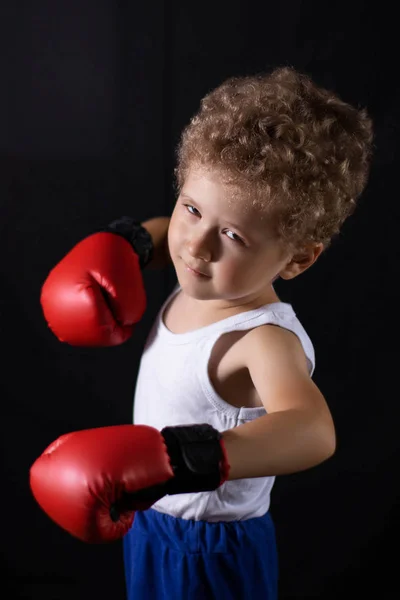 Маленький Мальчик Красных Боксерских Перчатках Черном Фоне Спорт Детский Бокс — стоковое фото