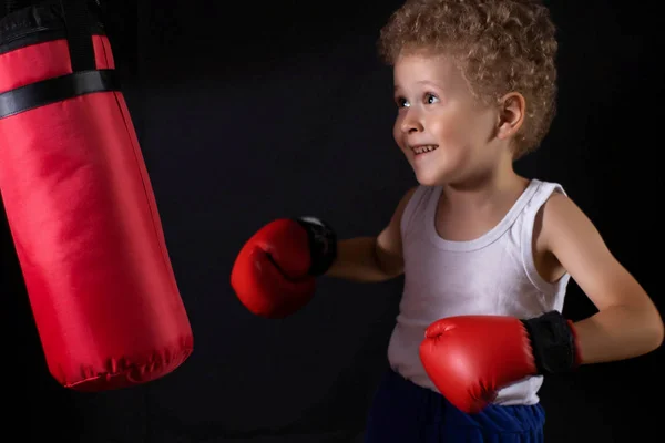 A little boy in red boxing gloves trains to hit the boxing bag. Sports, children\'s boxing.