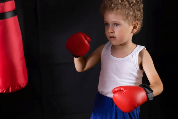 Little Boy Red Boxing Gloves Trains Hit Boxing Bag Sports — Stock Photo, Image