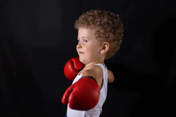 Siyah Arka Planda Kırmızı Boks Eldivenli Küçük Çocuk Spor Çocuk — Stok fotoğraf
