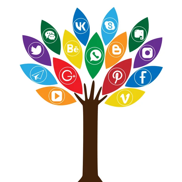 Baum Mit Sozialen Netzwerk Symbolen Auf Dem Laub Infografisches Element — Stockvektor