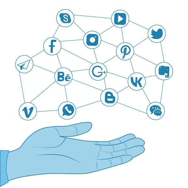 Wolke Von Sozialen Netzwerken Symbole Über Einer Hand Das Konzept — Stockvektor
