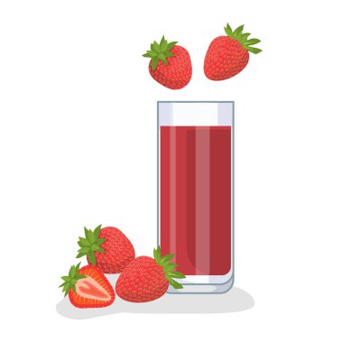 Çilek suyu bardakta, çileğin yanında. Beyaz arka plan, tecrit. Vektör